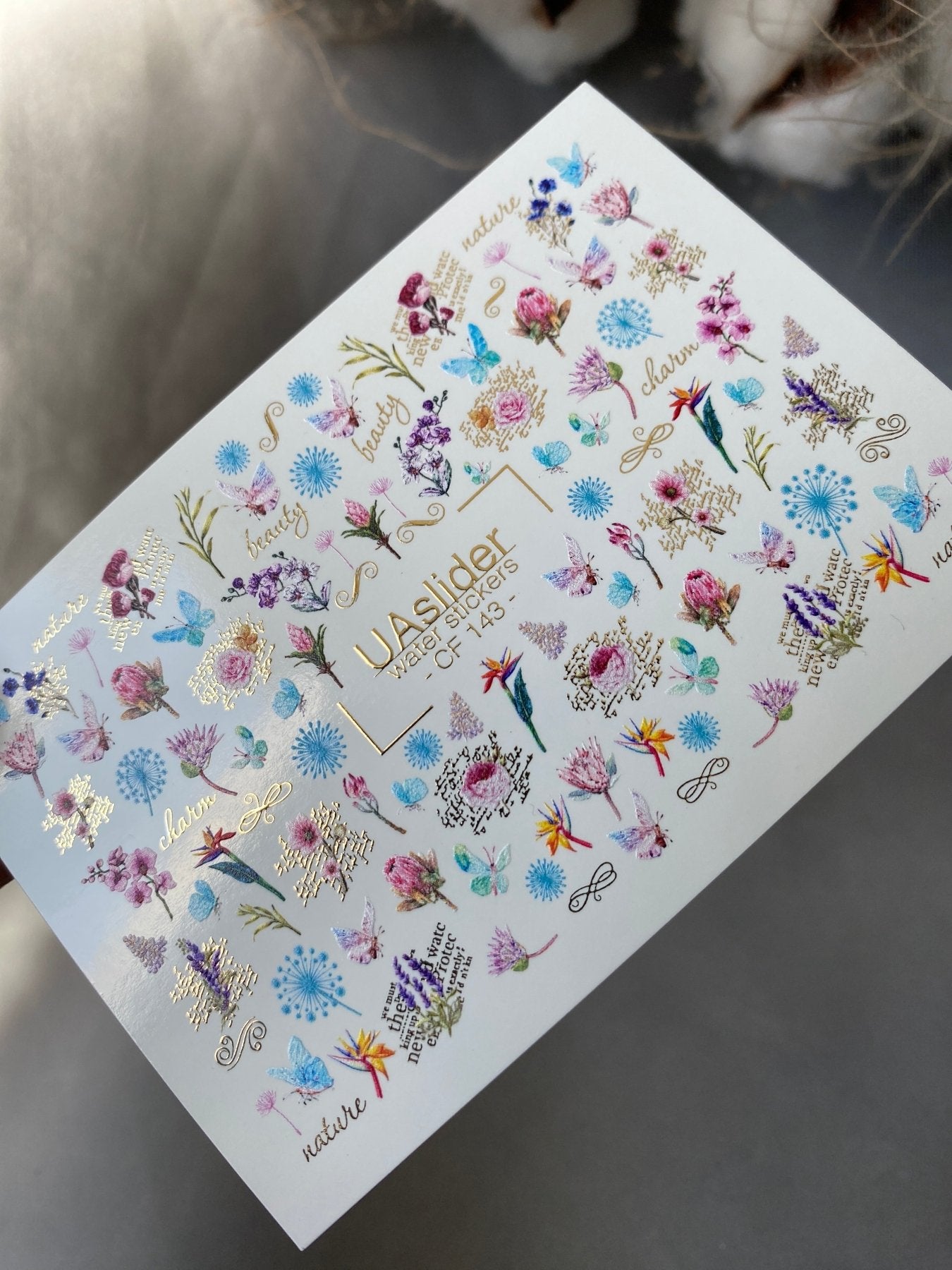 Nail Water Decal CF-143 | Wildflower Water Slide Nail Decals | Colorful Blooms & Gold Foil Accents - UASLIDER