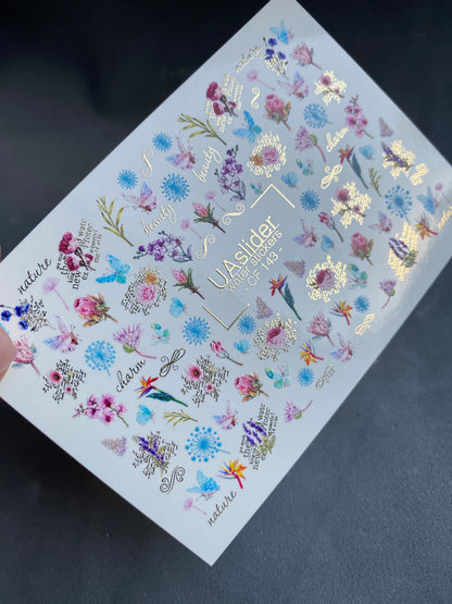 Nail Water Decal CF-143 | Wildflower Water Slide Nail Decals | Colorful Blooms & Gold Foil Accents