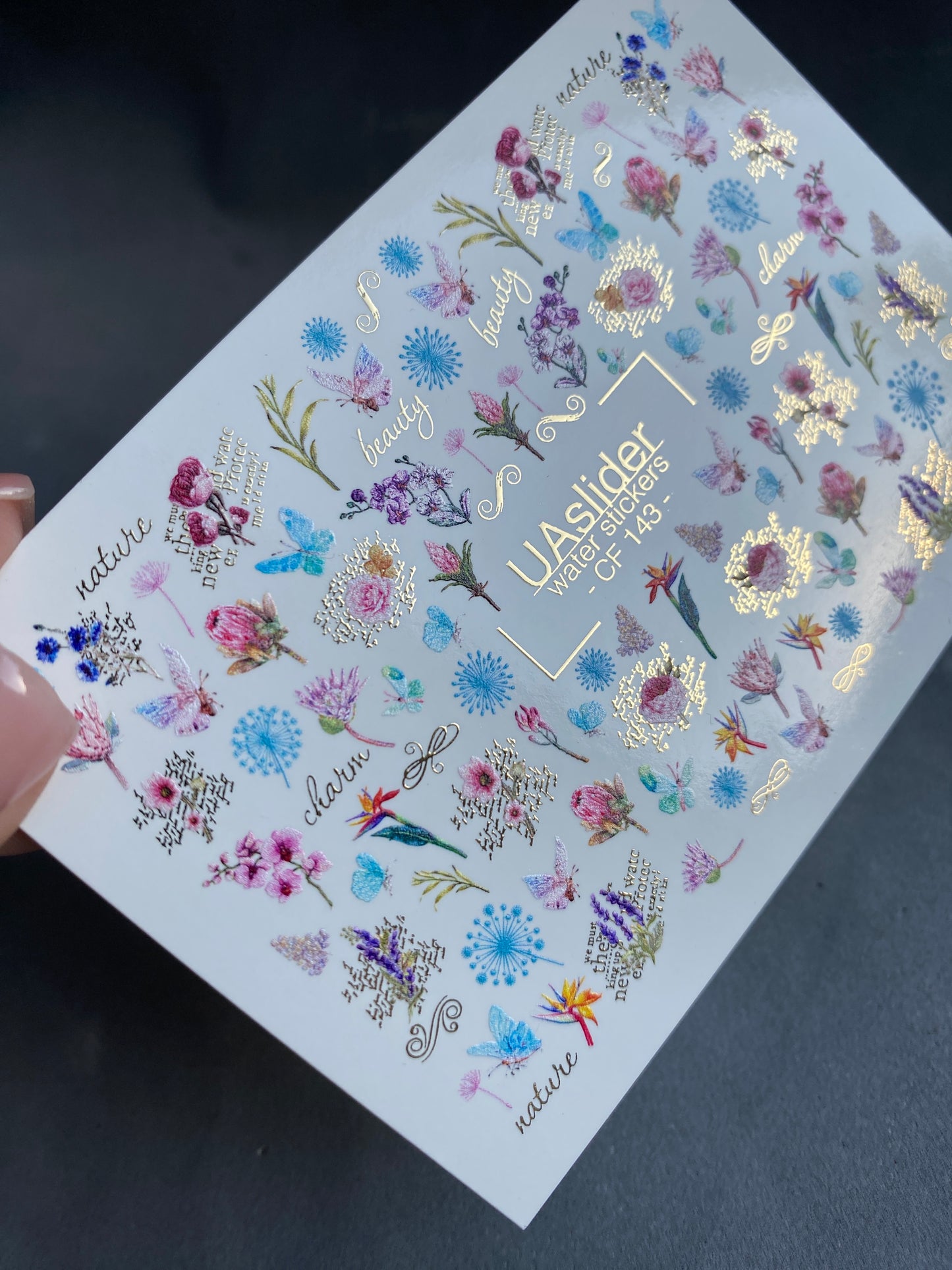 Nail Water Decal CF-143 | Wildflower Water Slide Nail Decals | Colorful Blooms & Gold Foil Accents