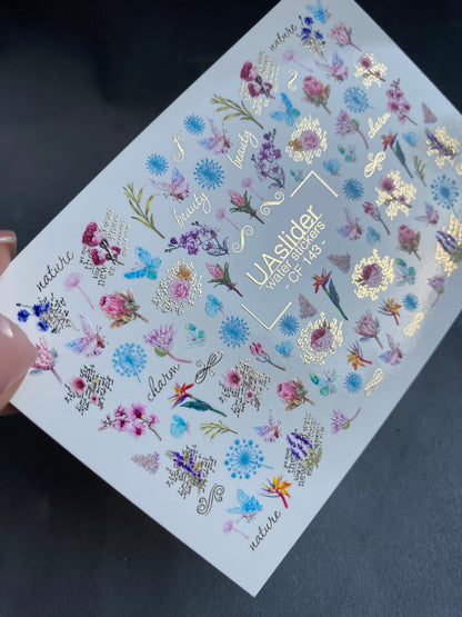 Nail Water Decal CF-143 | Wildflower Water Slide Nail Decals | Colorful Blooms & Gold Foil Accents