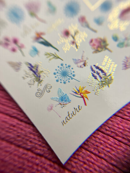 Nail Water Decal CF-143 | Wildflower Water Slide Nail Decals | Colorful Blooms & Gold Foil Accents