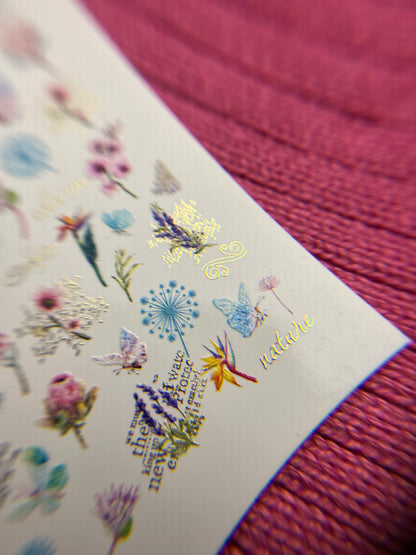 Nail Water Decal CF-143 | Wildflower Water Slide Nail Decals | Colorful Blooms & Gold Foil Accents