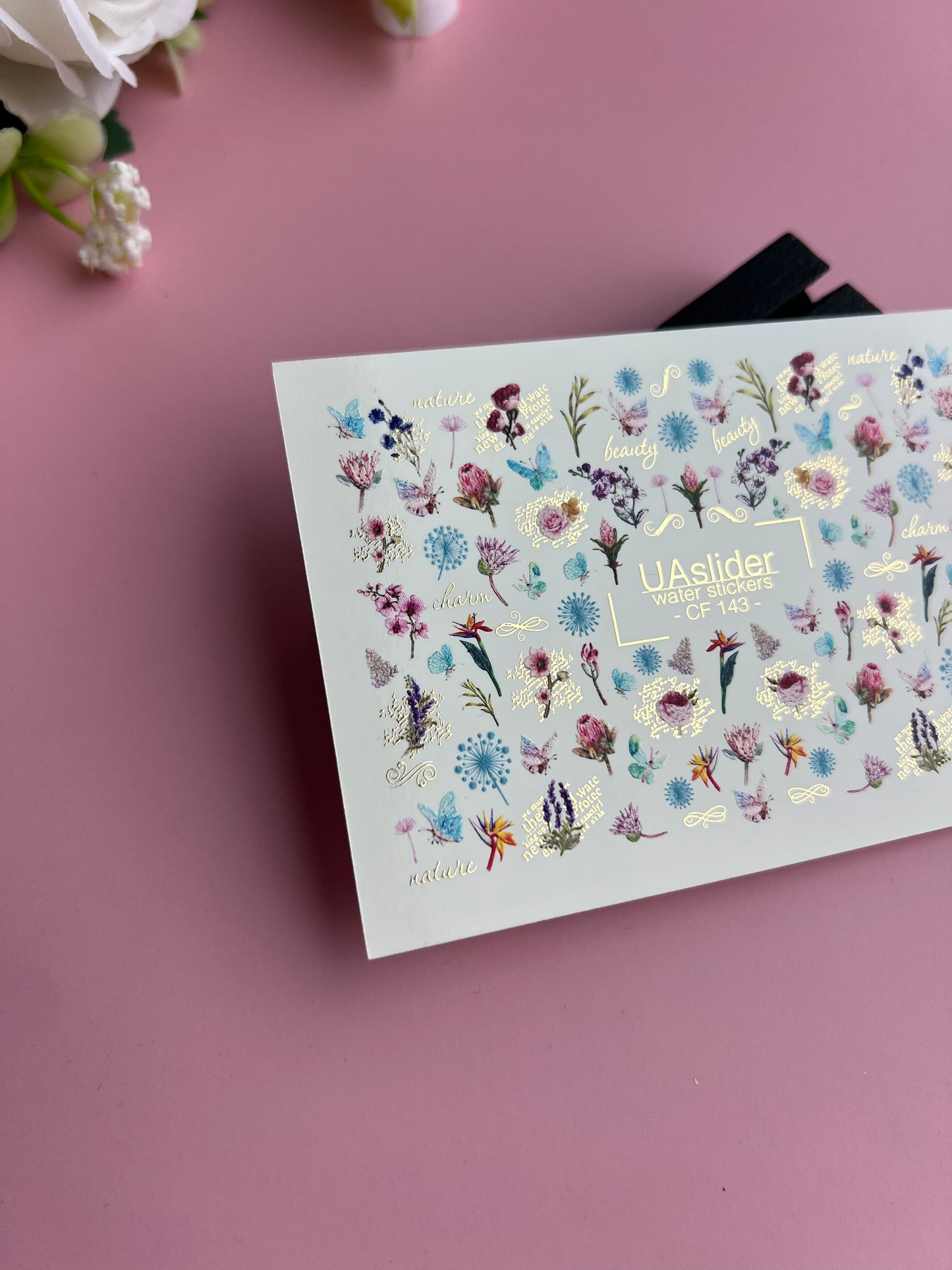 Nail Water Decal CF-143 | Wildflower Water Slide Nail Decals | Colorful Blooms & Gold Foil Accents