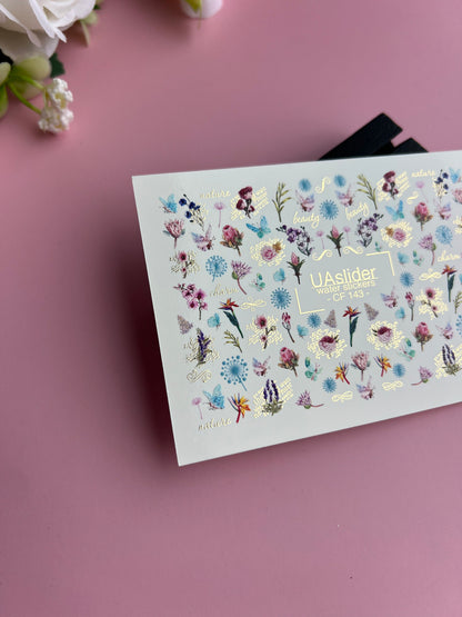 Nail Water Decal CF-143 | Wildflower Water Slide Nail Decals | Colorful Blooms & Gold Foil Accents