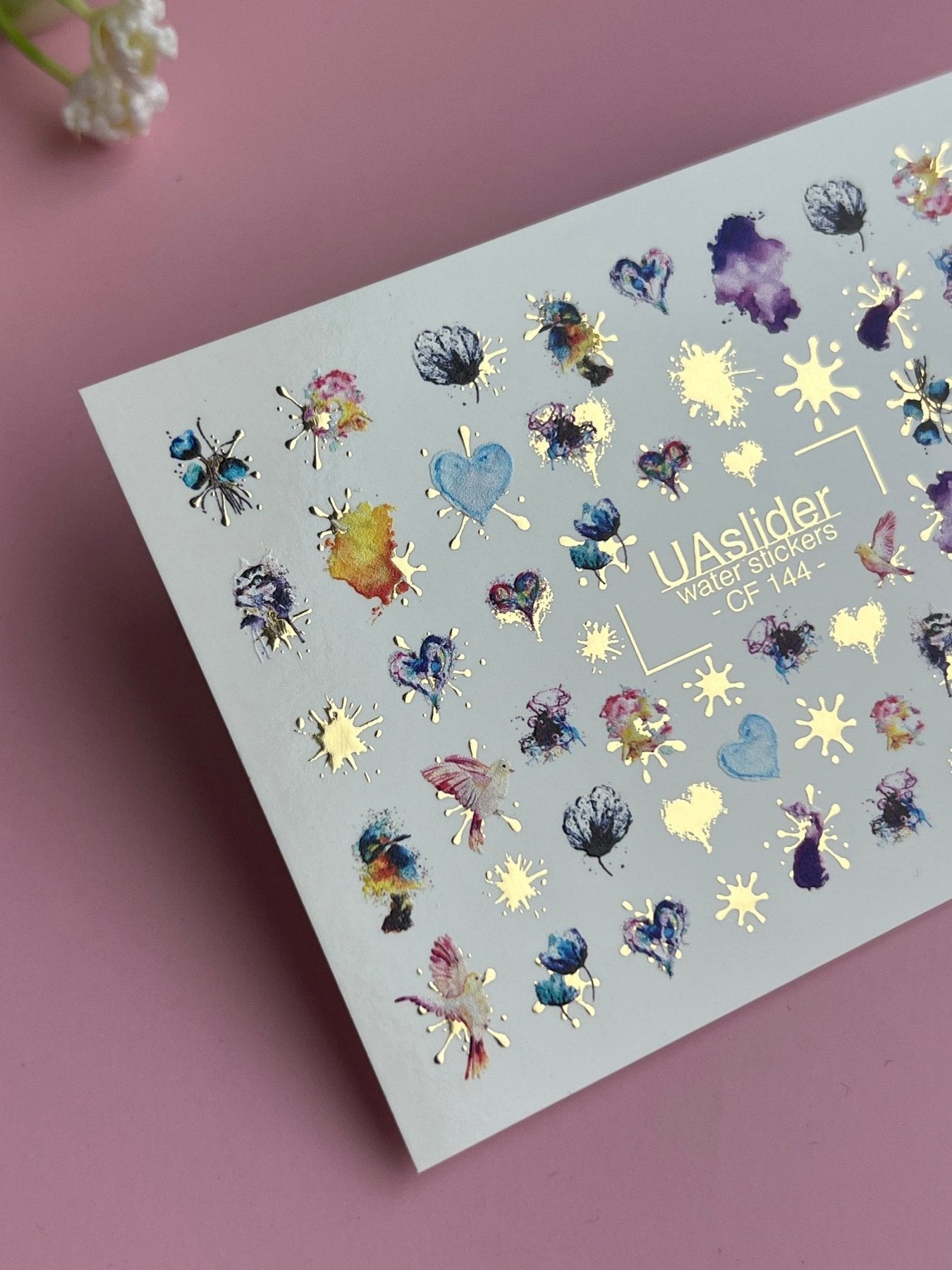 Nail Water Decal CF-144 | Abstract Water Slide Nail Decals | Colorful Splashes, Hearts & Gold Foil - UASLIDER