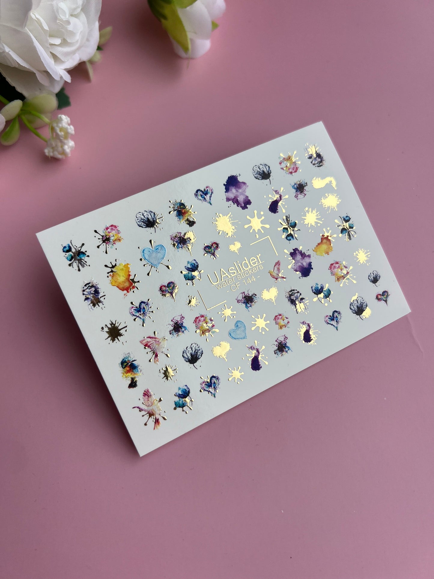 Nail Water Decal CF-144 | Abstract Water Slide Nail Decals | Colorful Splashes, Hearts & Gold Foil