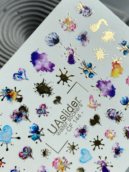 Nail Water Decal CF-144 | Abstract Water Slide Nail Decals | Colorful Splashes, Hearts & Gold Foil