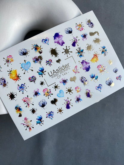 Nail Water Decal CF-144 | Abstract Water Slide Nail Decals | Colorful Splashes, Hearts & Gold Foil