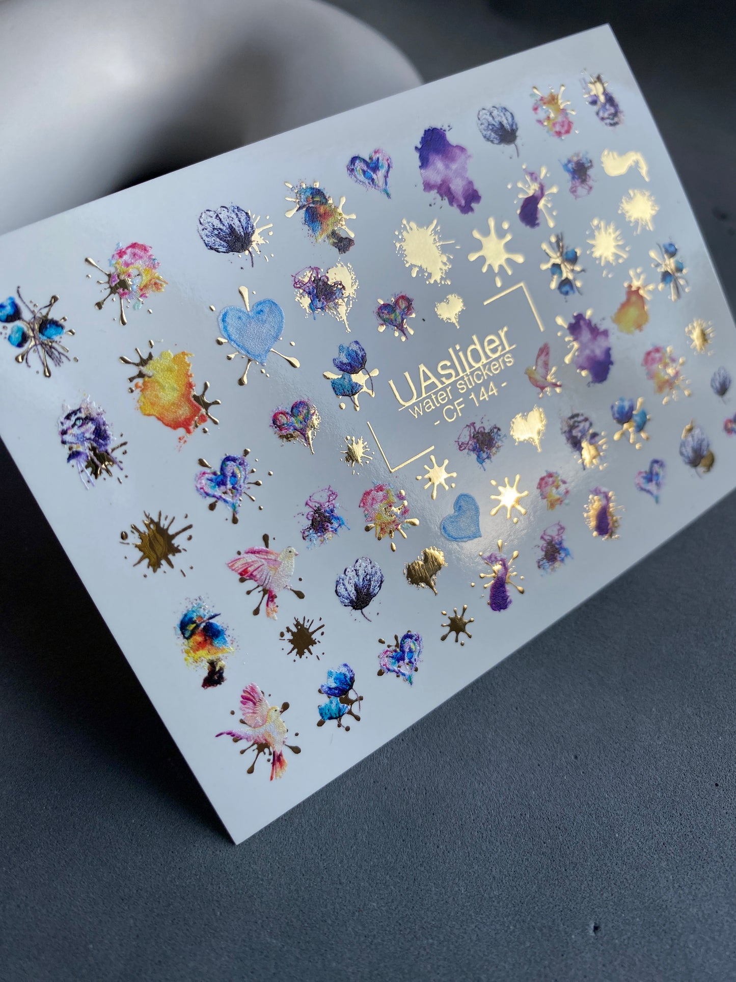 Nail Water Decal CF-144 | Abstract Water Slide Nail Decals | Colorful Splashes, Hearts & Gold Foil