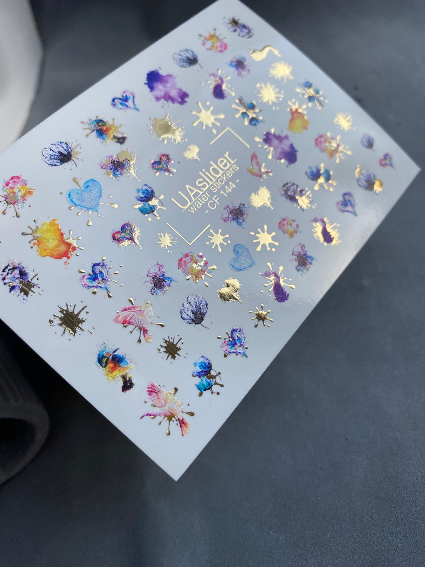 Nail Water Decal CF-144 | Abstract Water Slide Nail Decals | Colorful Splashes, Hearts & Gold Foil