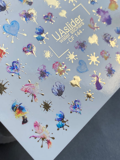 Nail Water Decal CF-144 | Abstract Water Slide Nail Decals | Colorful Splashes, Hearts & Gold Foil