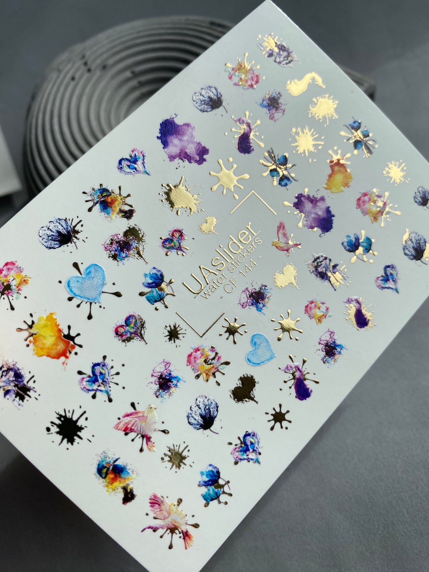 Nail Water Decal CF-144 | Abstract Water Slide Nail Decals | Colorful Splashes, Hearts & Gold Foil