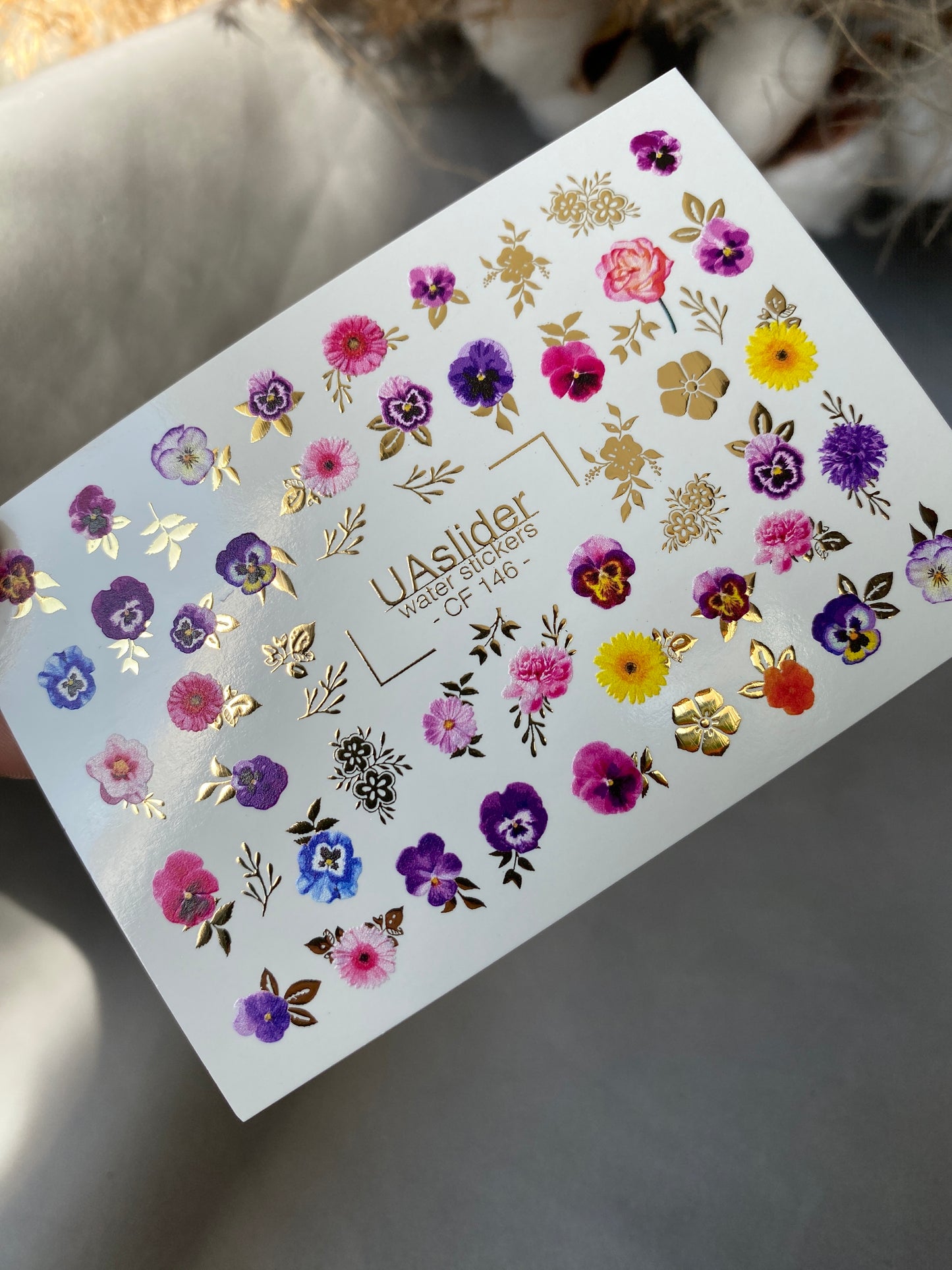 Nail Water Decal CF-146 | Colorful Floral Water Slide Nail Decals | Pansies, Daisies & Gold Foil Details