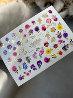 Nail Water Decal CF-146 | Colorful Floral Water Slide Nail Decals | Pansies, Daisies & Gold Foil Details - UASLIDER