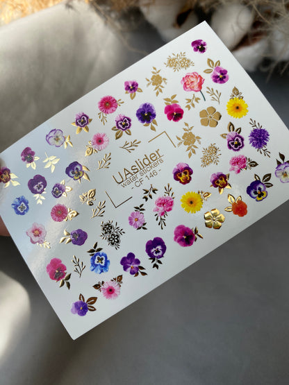 Nail Water Decal CF-146 | Colorful Floral Water Slide Nail Decals | Pansies, Daisies & Gold Foil Details