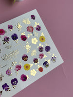 Nail Water Decal CF-146 | Colorful Floral Water Slide Nail Decals | Pansies, Daisies & Gold Foil Details - UASLIDER