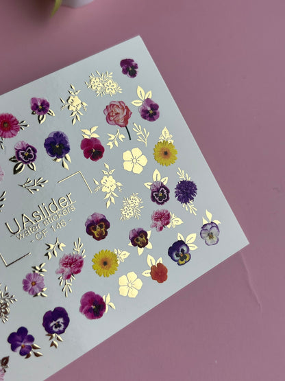 Nail Water Decal CF-146 | Colorful Floral Water Slide Nail Decals | Pansies, Daisies & Gold Foil Details
