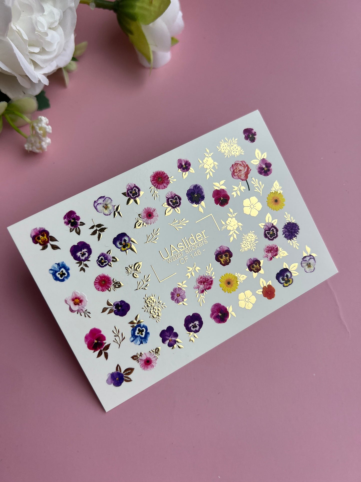 Nail Water Decal CF-146 | Colorful Floral Water Slide Nail Decals | Pansies, Daisies & Gold Foil Details