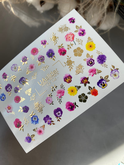 Nail Water Decal CF-146 | Colorful Floral Water Slide Nail Decals | Pansies, Daisies & Gold Foil Details