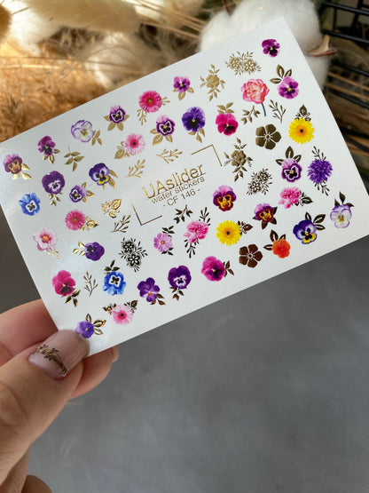 Nail Water Decal CF-146 | Colorful Floral Water Slide Nail Decals | Pansies, Daisies & Gold Foil Details