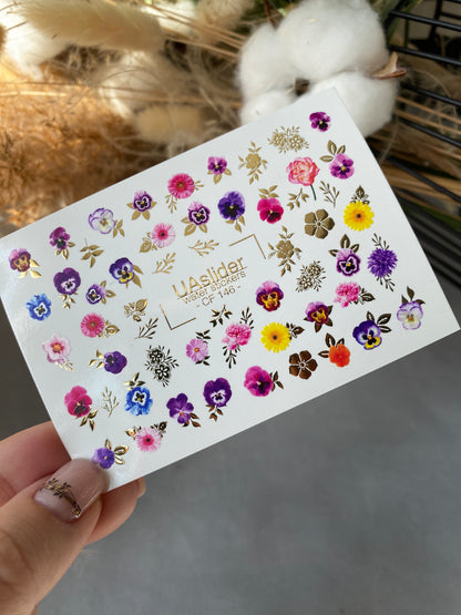 Nail Water Decal CF-146 | Colorful Floral Water Slide Nail Decals | Pansies, Daisies & Gold Foil Details