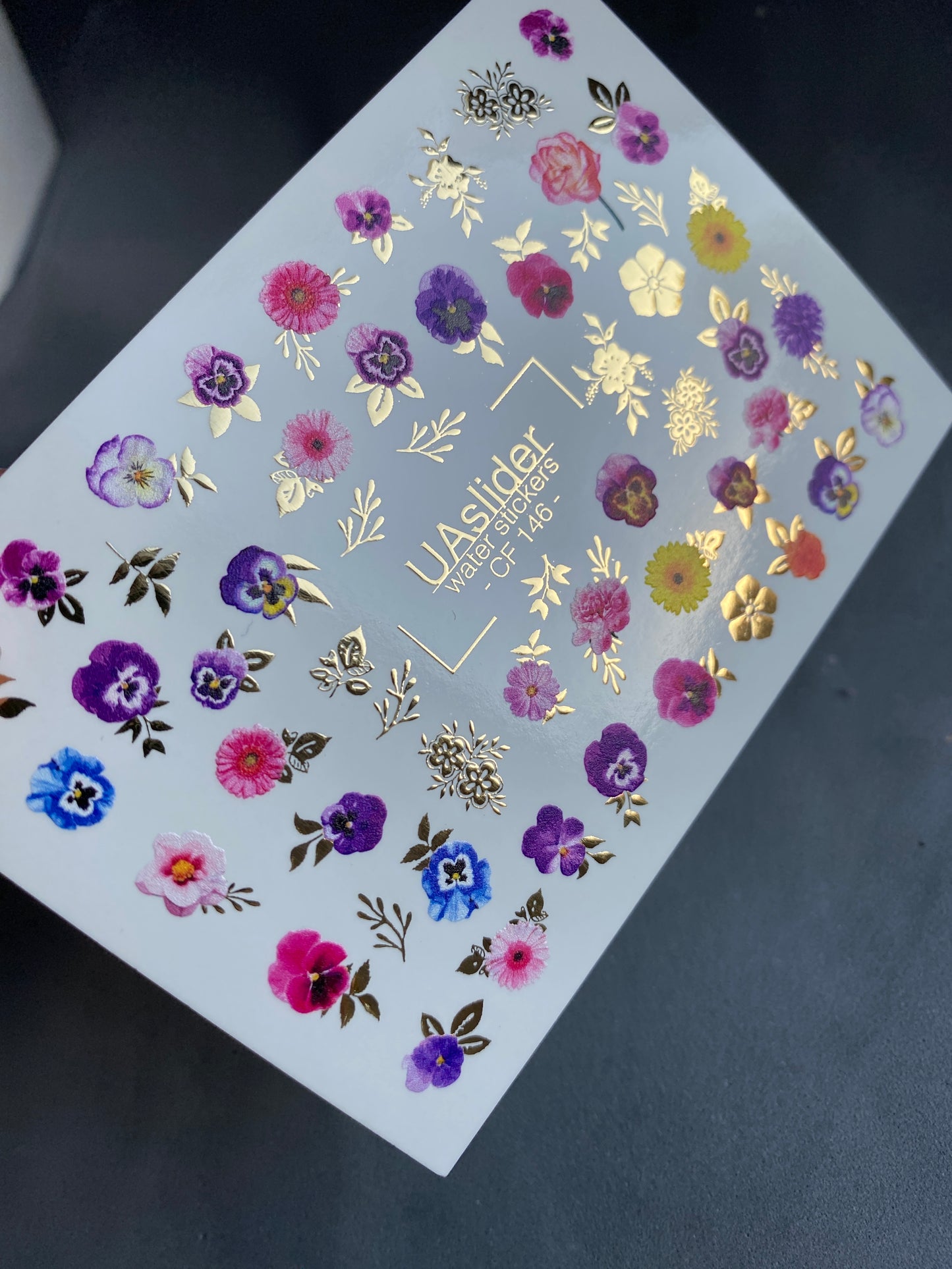 Nail Water Decal CF-146 | Colorful Floral Water Slide Nail Decals | Pansies, Daisies & Gold Foil Details