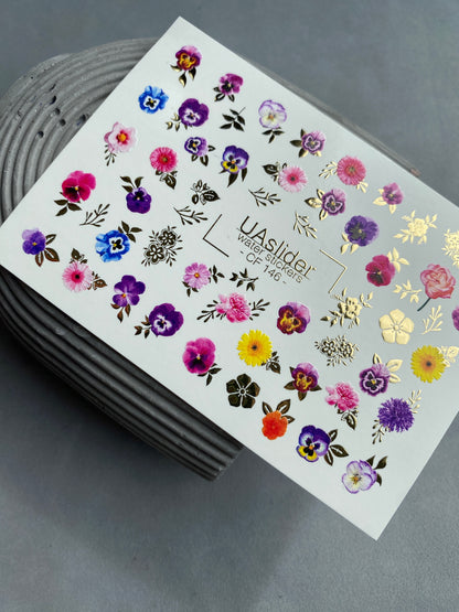 Nail Water Decal CF-146 | Colorful Floral Water Slide Nail Decals | Pansies, Daisies & Gold Foil Details