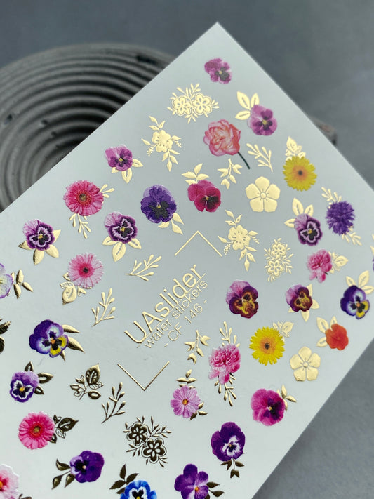 Nail Water Decal CF-146 | Colorful Floral Water Slide Nail Decals | Pansies, Daisies & Gold Foil Details