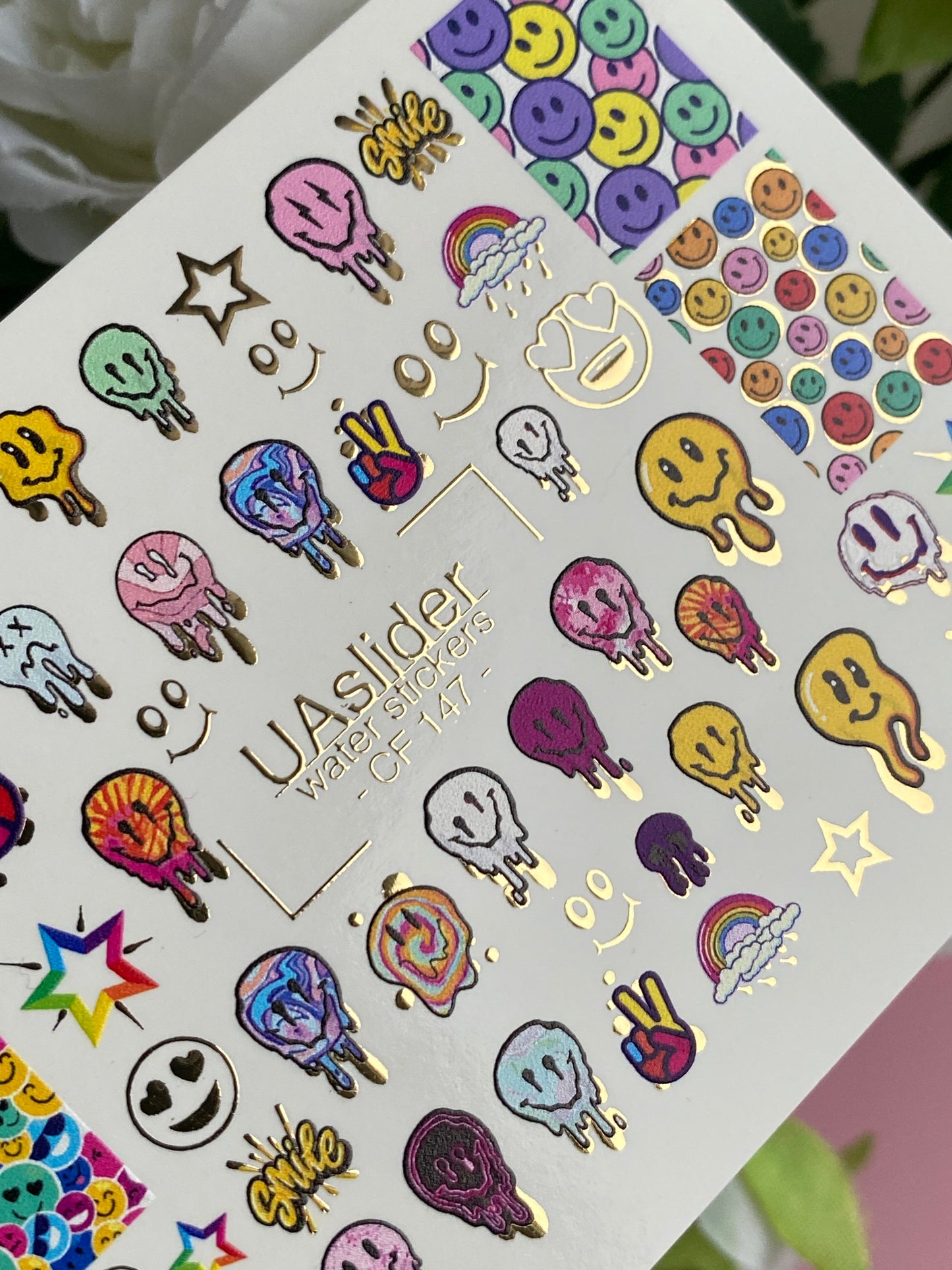 Nail Water Decal CF-147 | Colorful Smiley Water Slide Nail Decals | Fun Faces, Stars & Gold Foil
