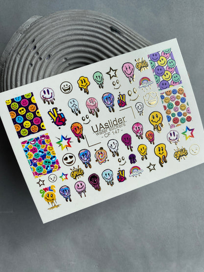 Nail Water Decal CF-147 | Colorful Smiley Water Slide Nail Decals | Fun Faces, Stars & Gold Foil