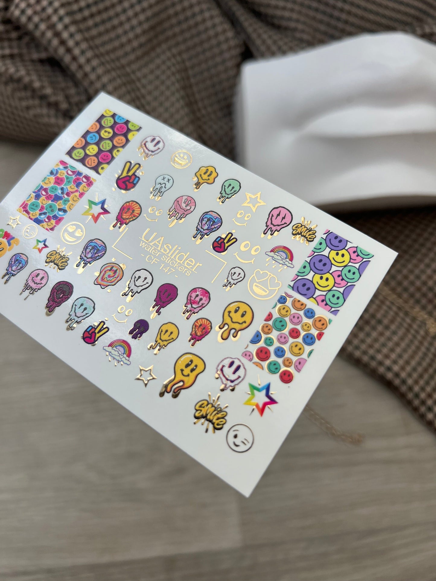 Nail Water Decal CF-147 | Colorful Smiley Water Slide Nail Decals | Fun Faces, Stars & Gold Foil