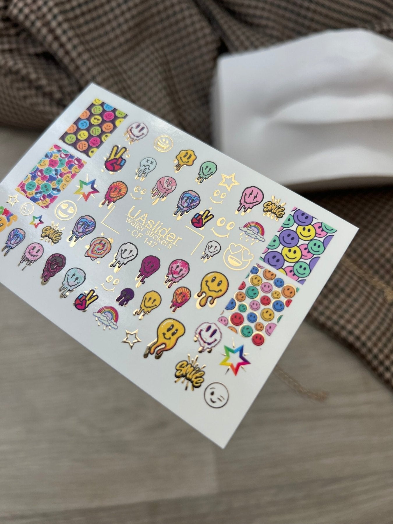 Nail Water Decal CF-147 | Colorful Smiley Water Slide Nail Decals | Fun Faces, Stars & Gold Foil - UASLIDER