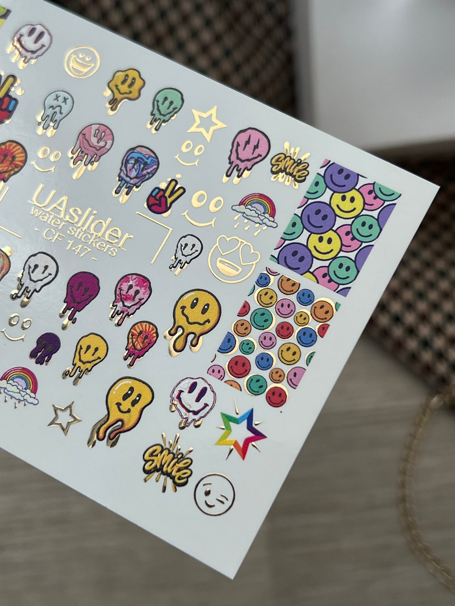 Nail Water Decal CF-147 | Colorful Smiley Water Slide Nail Decals | Fun Faces, Stars & Gold Foil