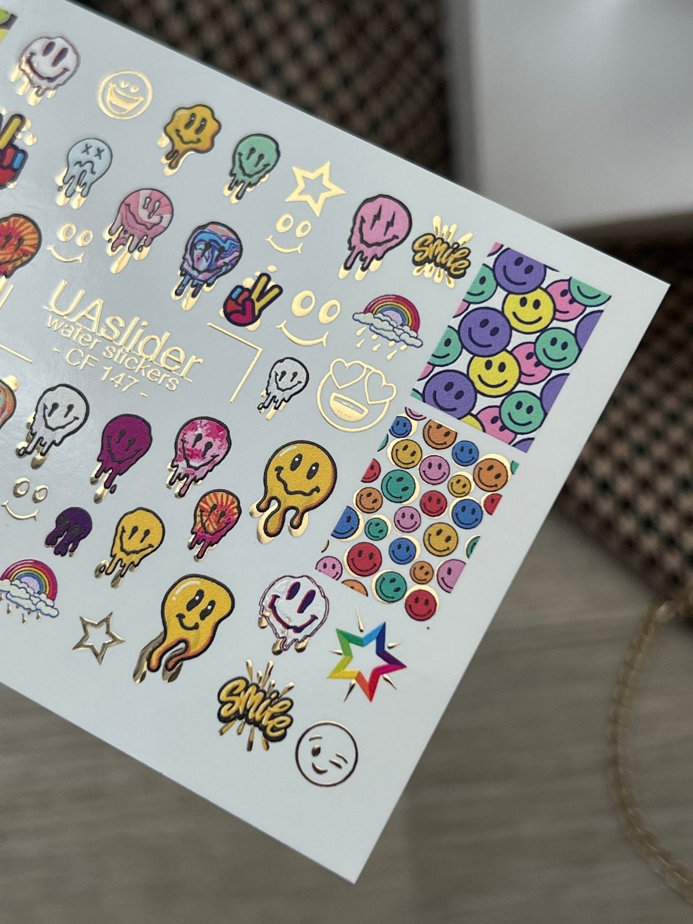 Nail Water Decal CF-147 | Colorful Smiley Water Slide Nail Decals | Fun Faces, Stars & Gold Foil - UASLIDER