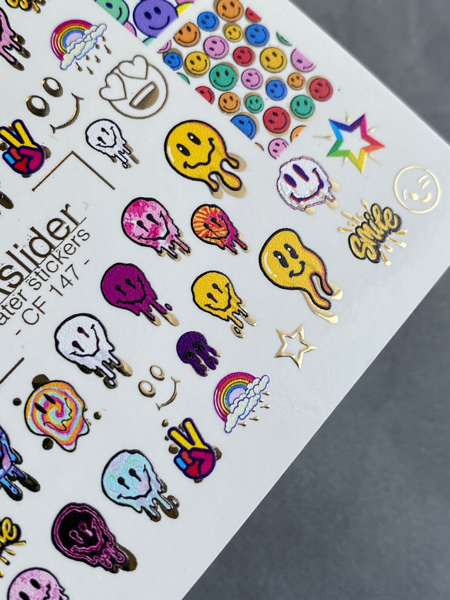 Nail Water Decal CF-147 | Colorful Smiley Water Slide Nail Decals | Fun Faces, Stars & Gold Foil