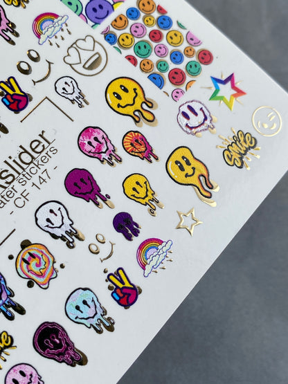 Nail Water Decal CF-147 | Colorful Smiley Water Slide Nail Decals | Fun Faces, Stars & Gold Foil