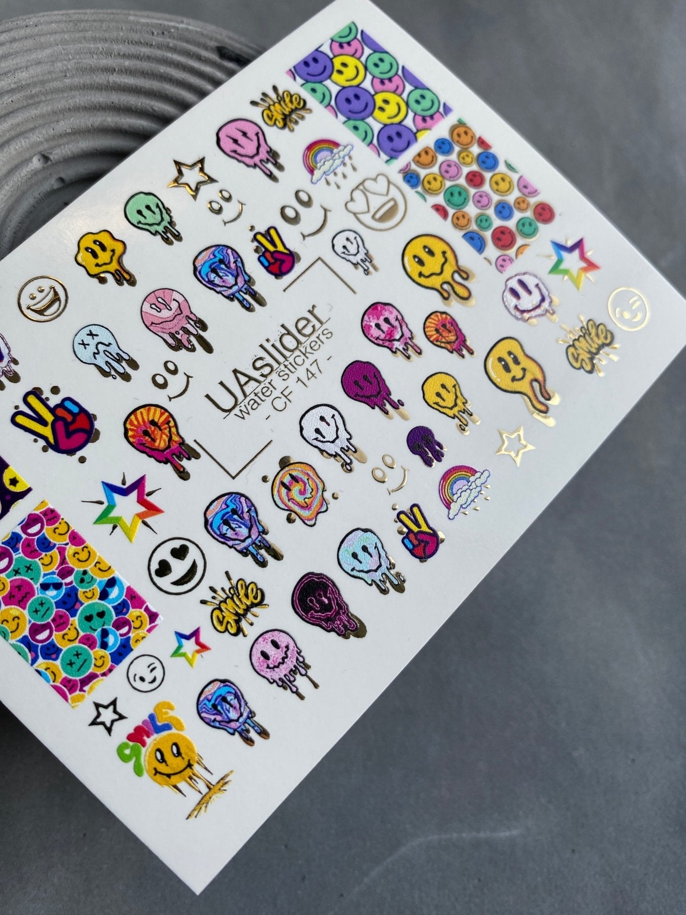 Nail Water Decal CF-147 | Colorful Smiley Water Slide Nail Decals | Fun Faces, Stars & Gold Foil - UASLIDER