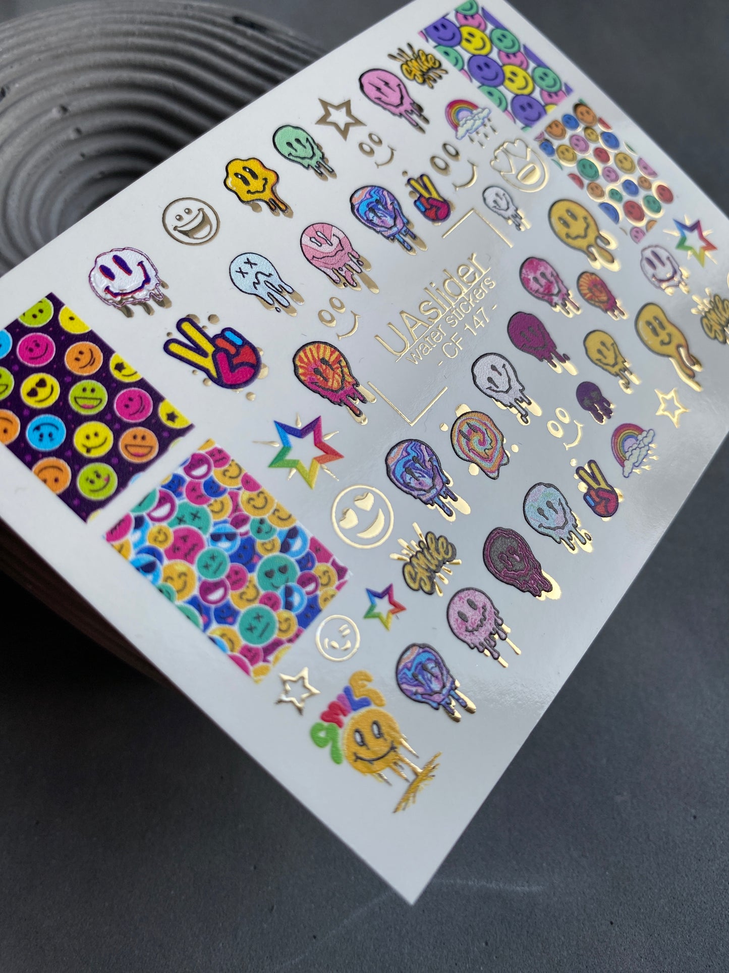 Nail Water Decal CF-147 | Colorful Smiley Water Slide Nail Decals | Fun Faces, Stars & Gold Foil