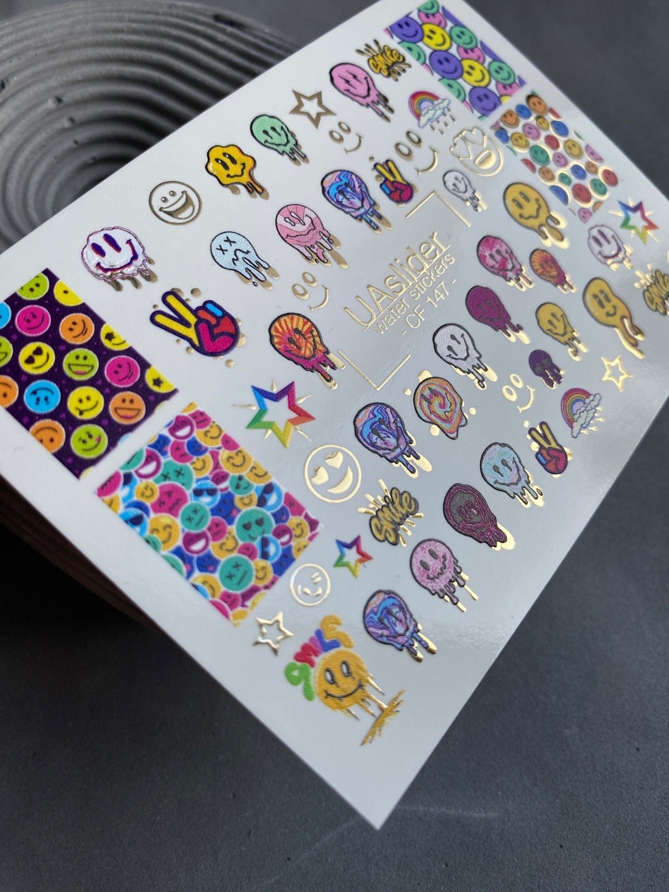 Nail Water Decal CF-147 | Colorful Smiley Water Slide Nail Decals | Fun Faces, Stars & Gold Foil - UASLIDER