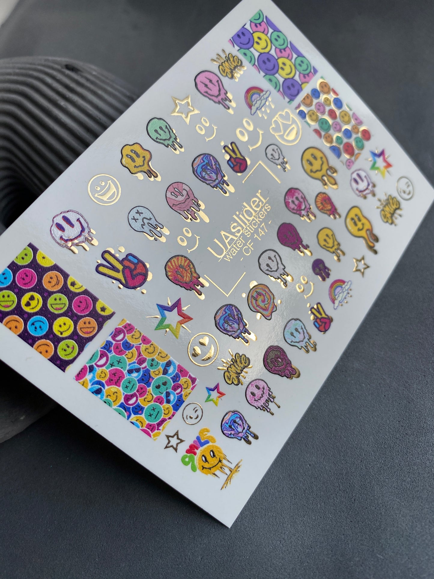 Nail Water Decal CF-147 | Colorful Smiley Water Slide Nail Decals | Fun Faces, Stars & Gold Foil
