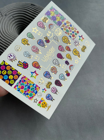 Nail Water Decal CF-147 | Colorful Smiley Water Slide Nail Decals | Fun Faces, Stars & Gold Foil