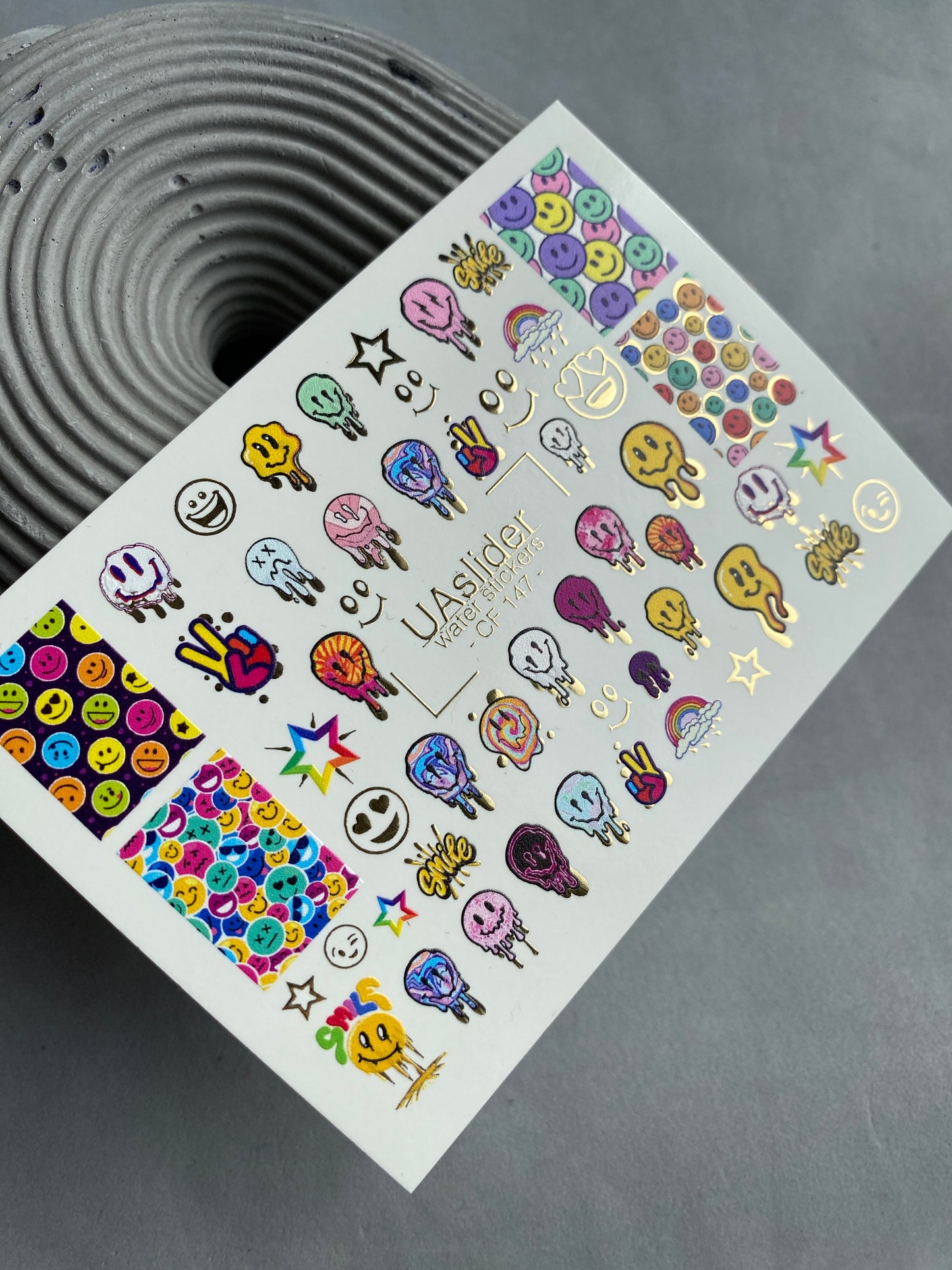 Nail Water Decal CF-147 | Colorful Smiley Water Slide Nail Decals | Fun Faces, Stars & Gold Foil