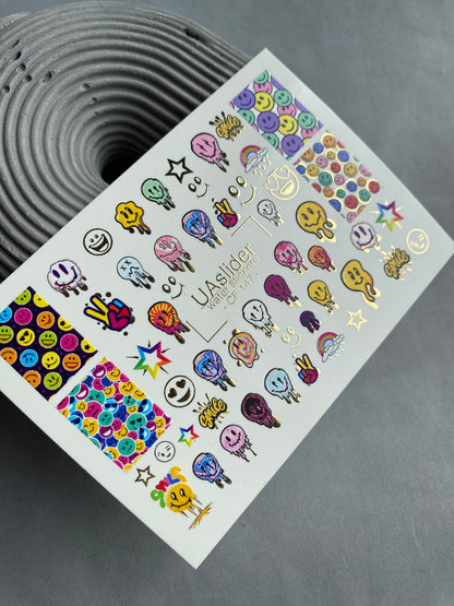 Nail Water Decal CF-147 | Colorful Smiley Water Slide Nail Decals | Fun Faces, Stars & Gold Foil