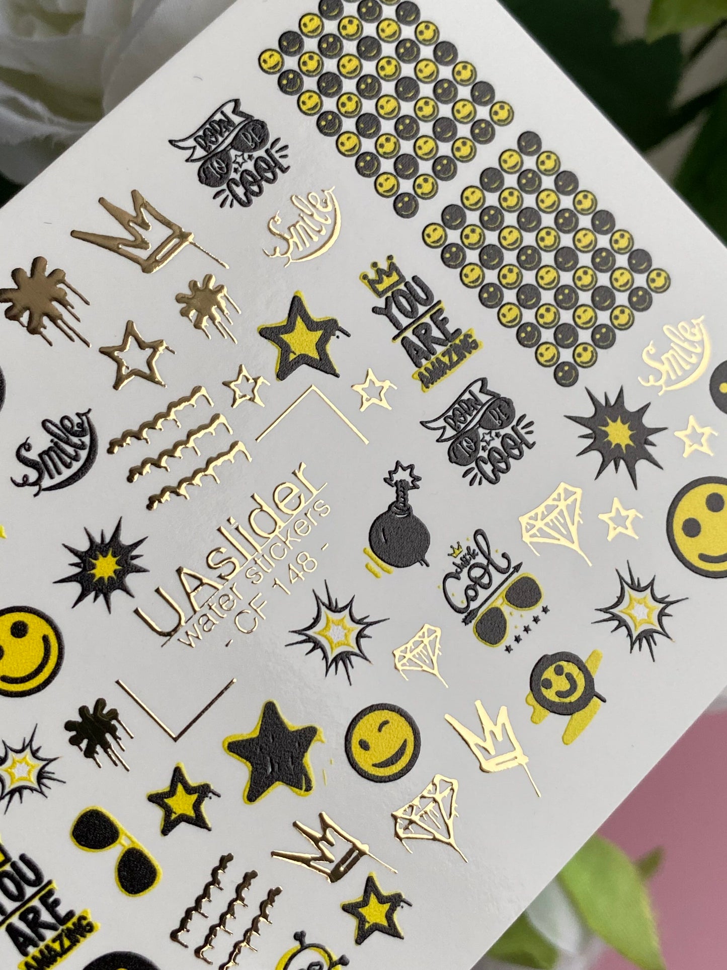 Nail Water Decal CF-148 | Smiley Face Water Slide Nail Decals | Stars, Crowns & Gold Foil Accents