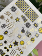 Nail Water Decal CF-148 | Smiley Face Water Slide Nail Decals | Stars, Crowns & Gold Foil Accents