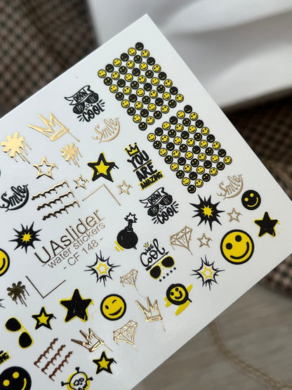 Nail Water Decal CF-148 | Smiley Face Water Slide Nail Decals | Stars, Crowns & Gold Foil Accents