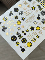 Nail Water Decal CF-148 | Smiley Face Water Slide Nail Decals | Stars, Crowns & Gold Foil Accents - UASLIDER