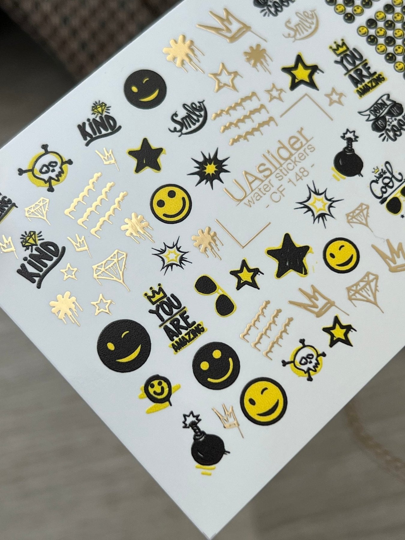 Nail Water Decal CF-148 | Smiley Face Water Slide Nail Decals | Stars, Crowns & Gold Foil Accents - UASLIDER
