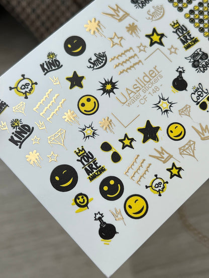Nail Water Decal CF-148 | Smiley Face Water Slide Nail Decals | Stars, Crowns & Gold Foil Accents