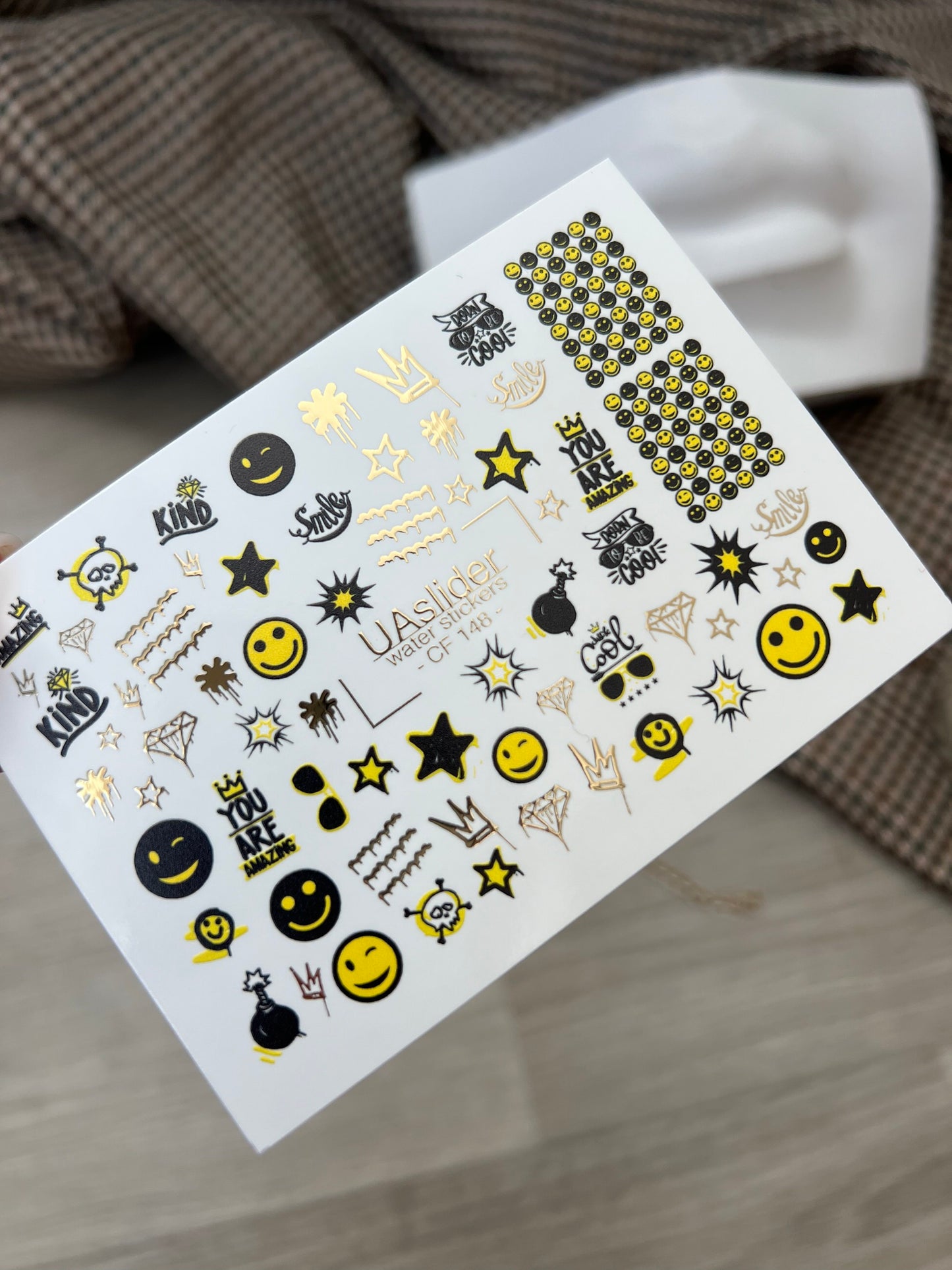 Nail Water Decal CF-148 | Smiley Face Water Slide Nail Decals | Stars, Crowns & Gold Foil Accents